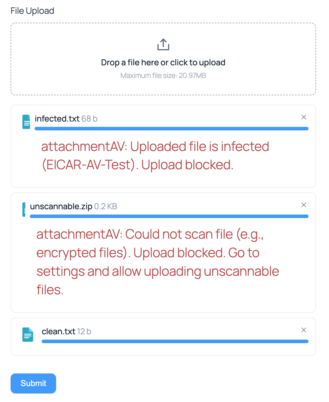 attachmentAV scans all uploaded files via Formidable Forms