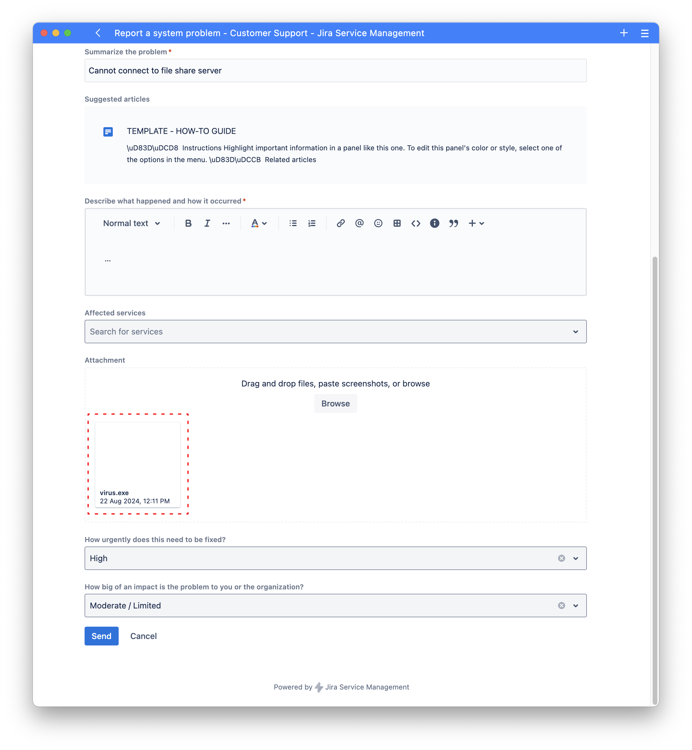 A user uploads an infected file via a Jira portal form