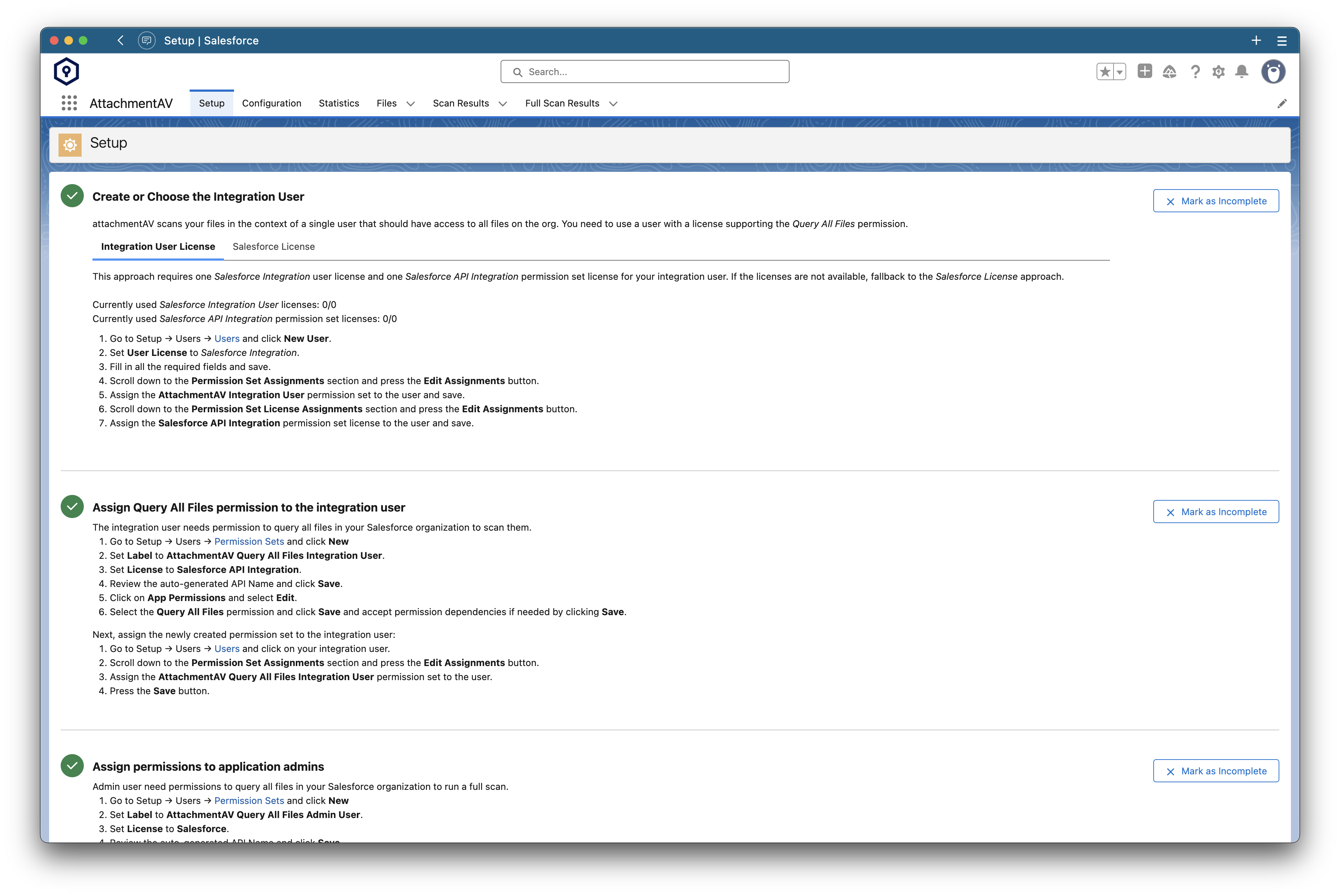 Setup instructions integrated into the attachmentAV for Salesforce app