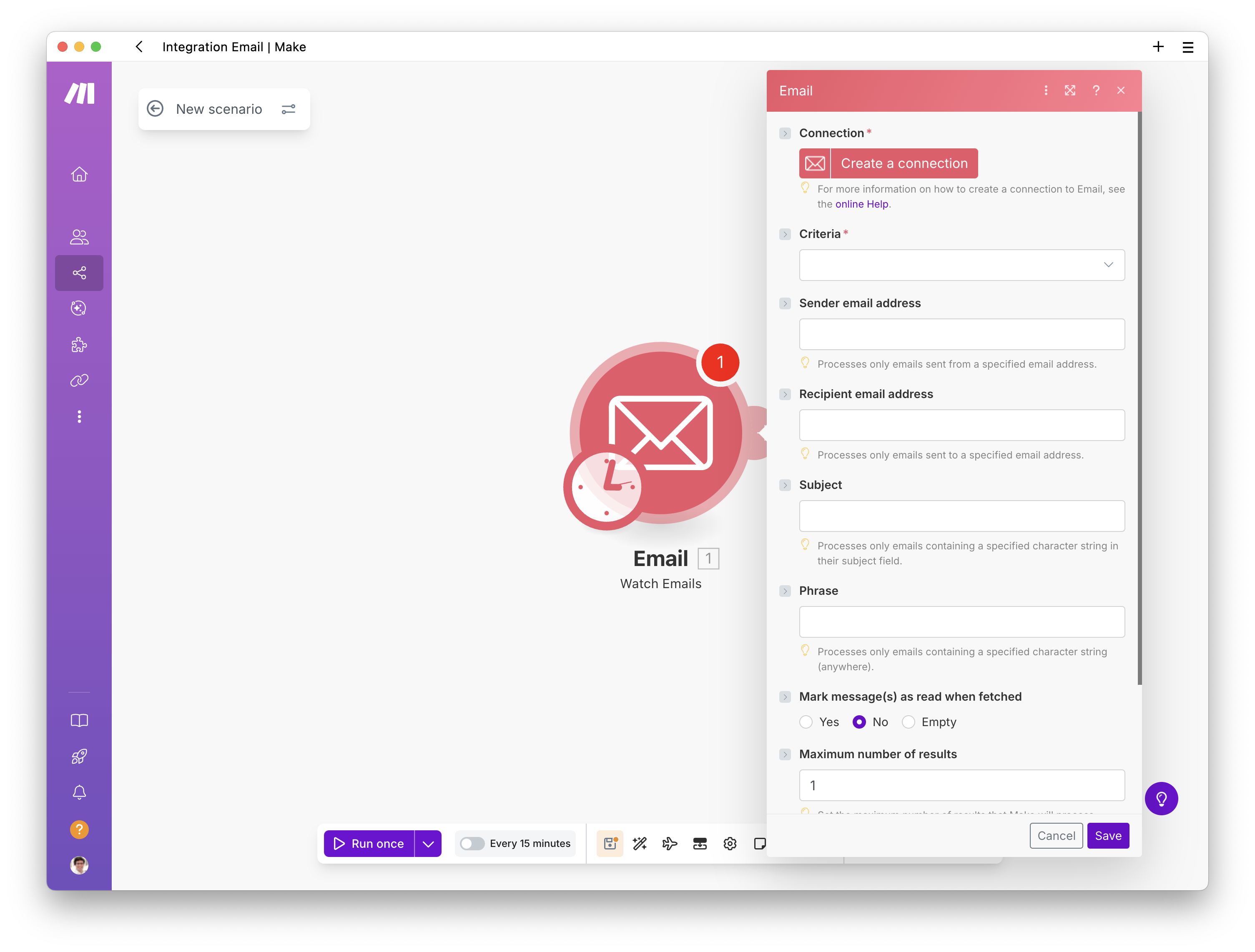 Creating a scenario to upload email attachments to Dropbox after a virus and malware scan - Step 3
