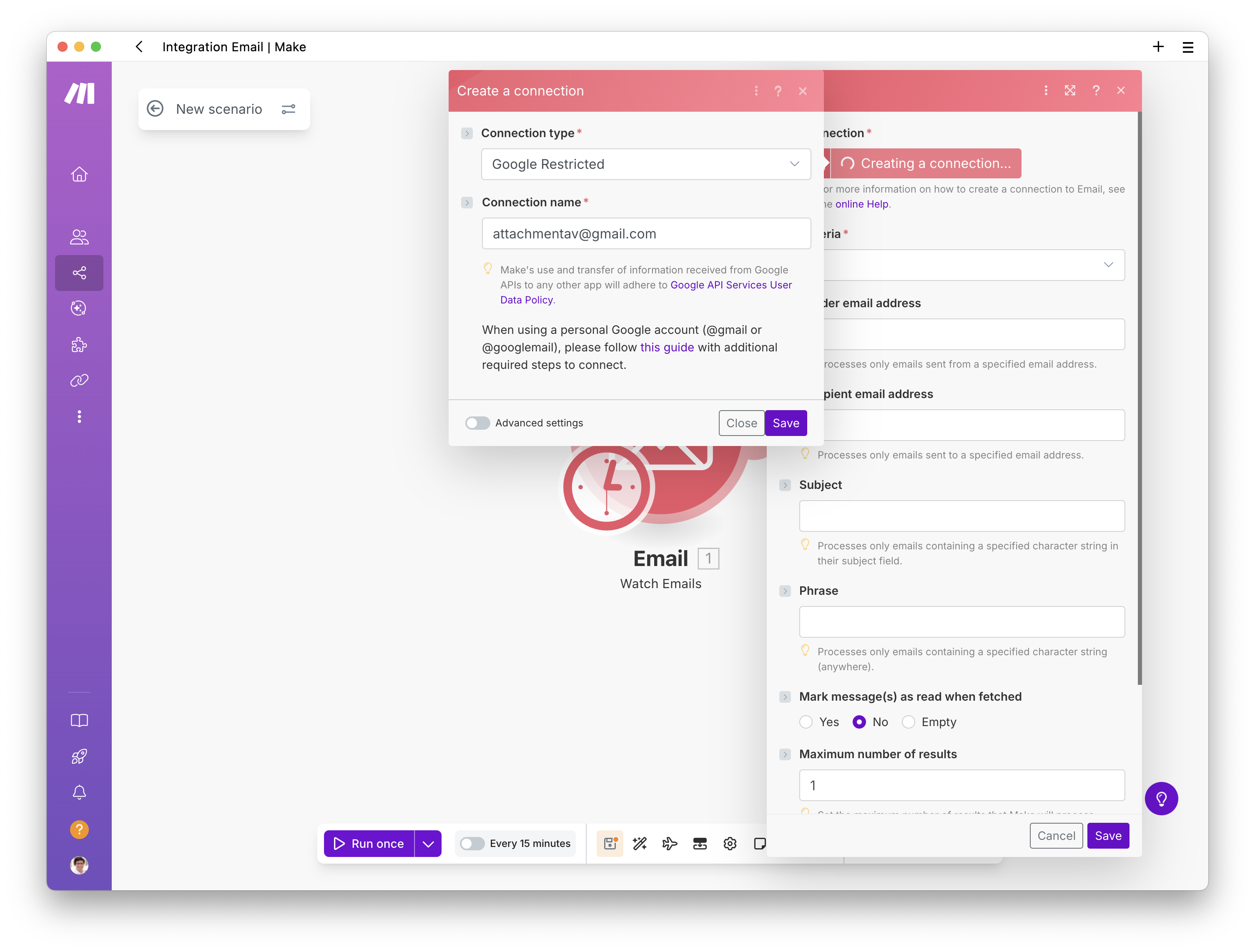 Creating a scenario to upload email attachments to Dropbox after a virus and malware scan - Step 4