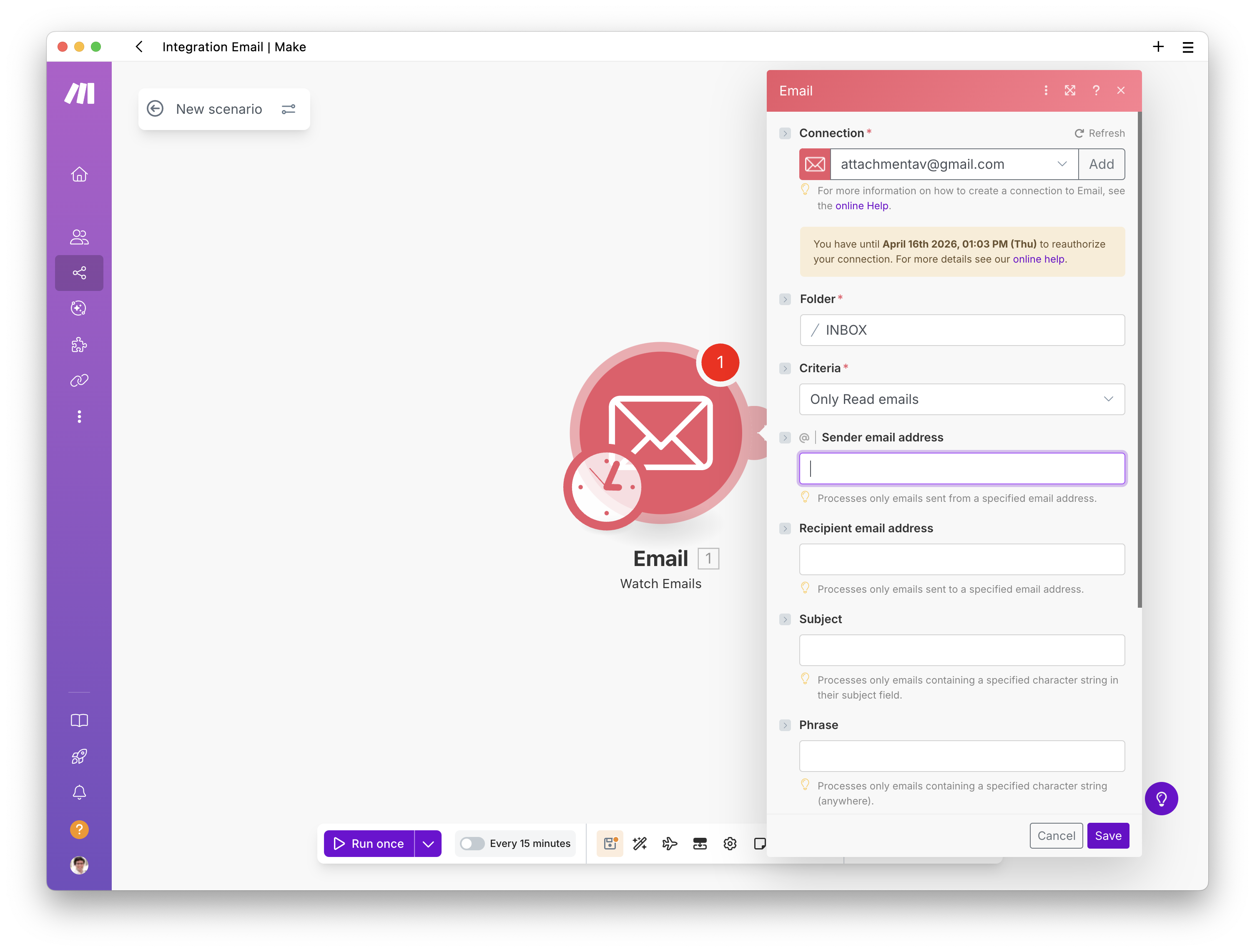 Creating a scenario to upload email attachments to Dropbox after a virus and malware scan - Step 5