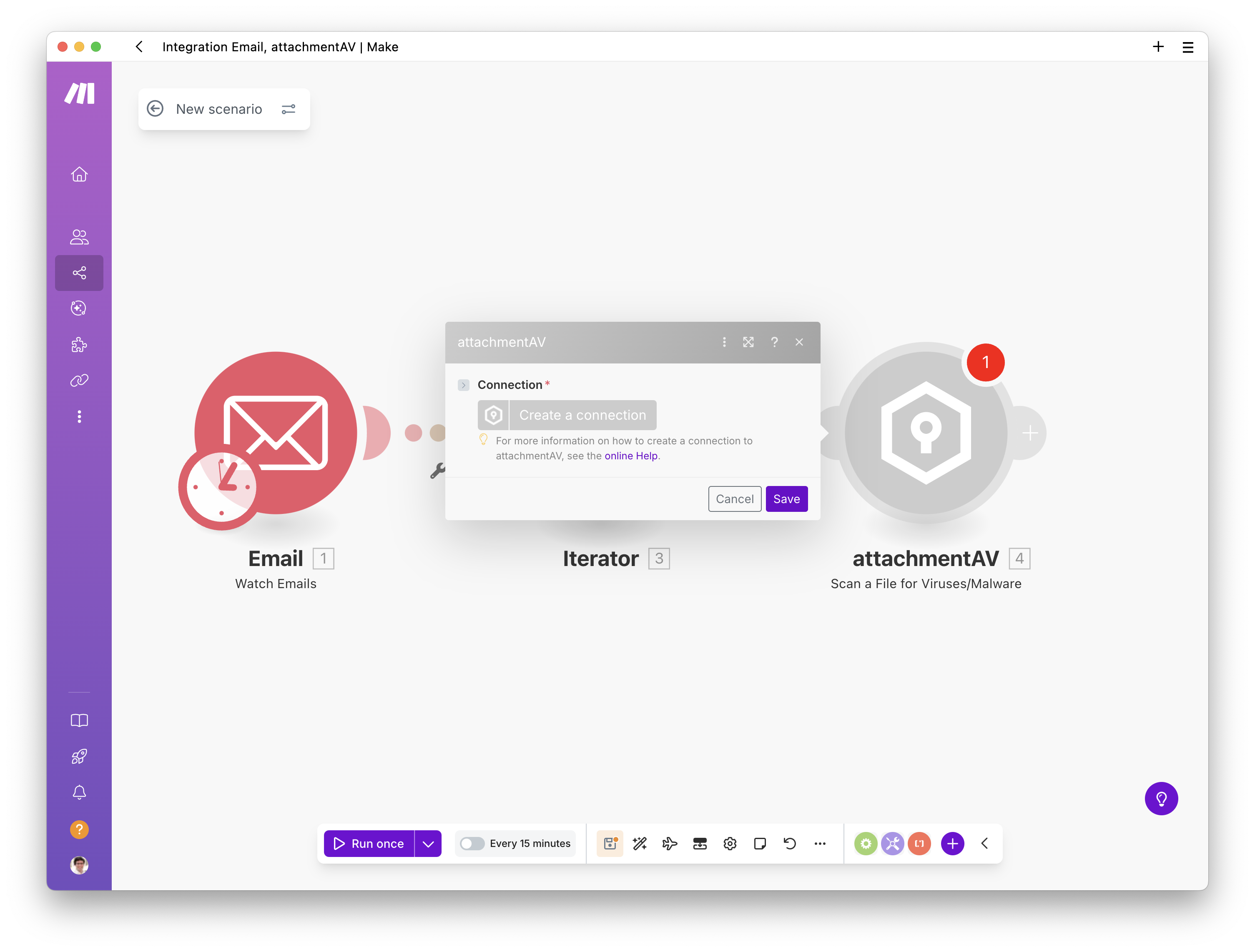 Creating a scenario to upload email attachments to Dropbox after a virus and malware scan - Step 9
