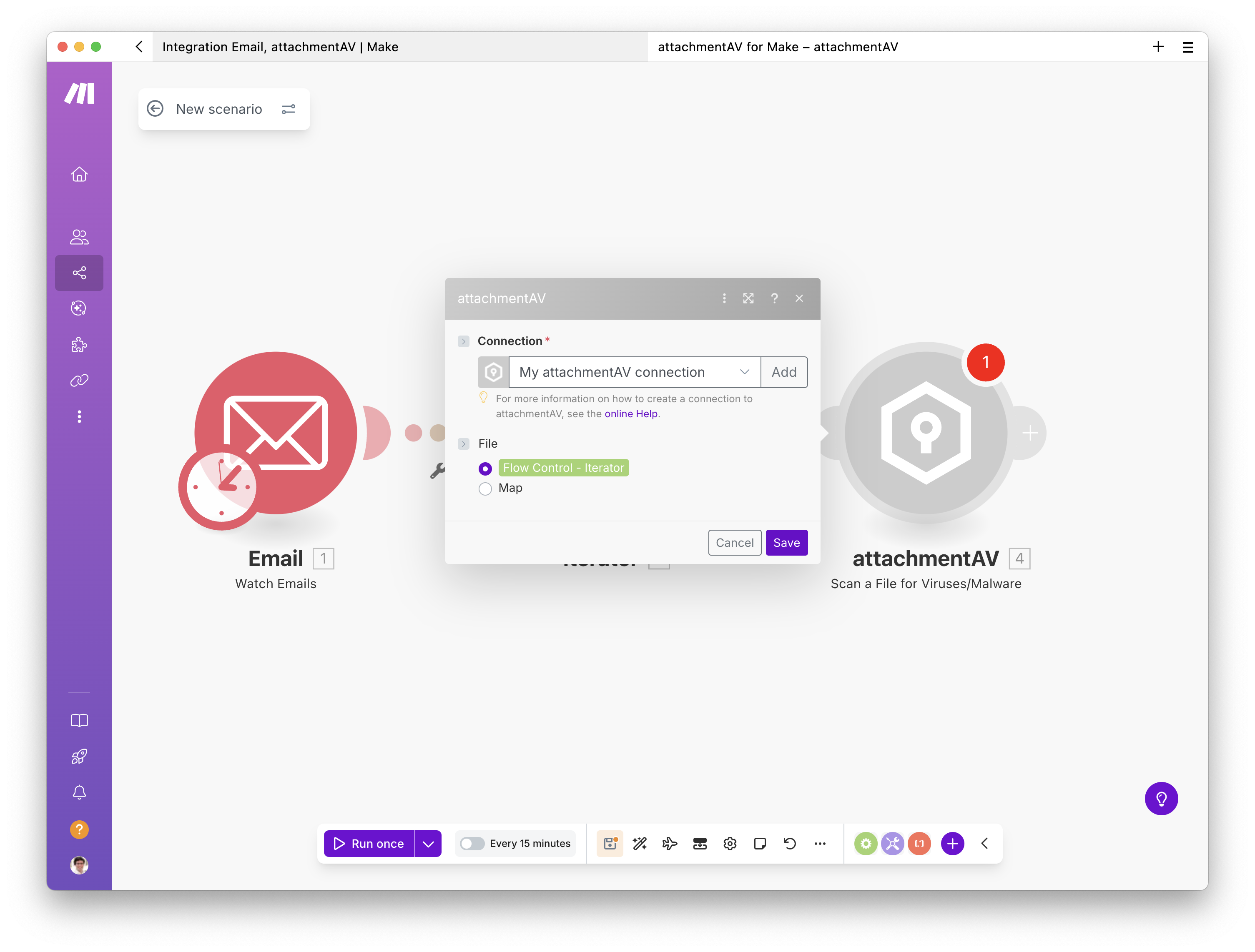 Creating a scenario to upload email attachments to Dropbox after a virus and malware scan - Step 14