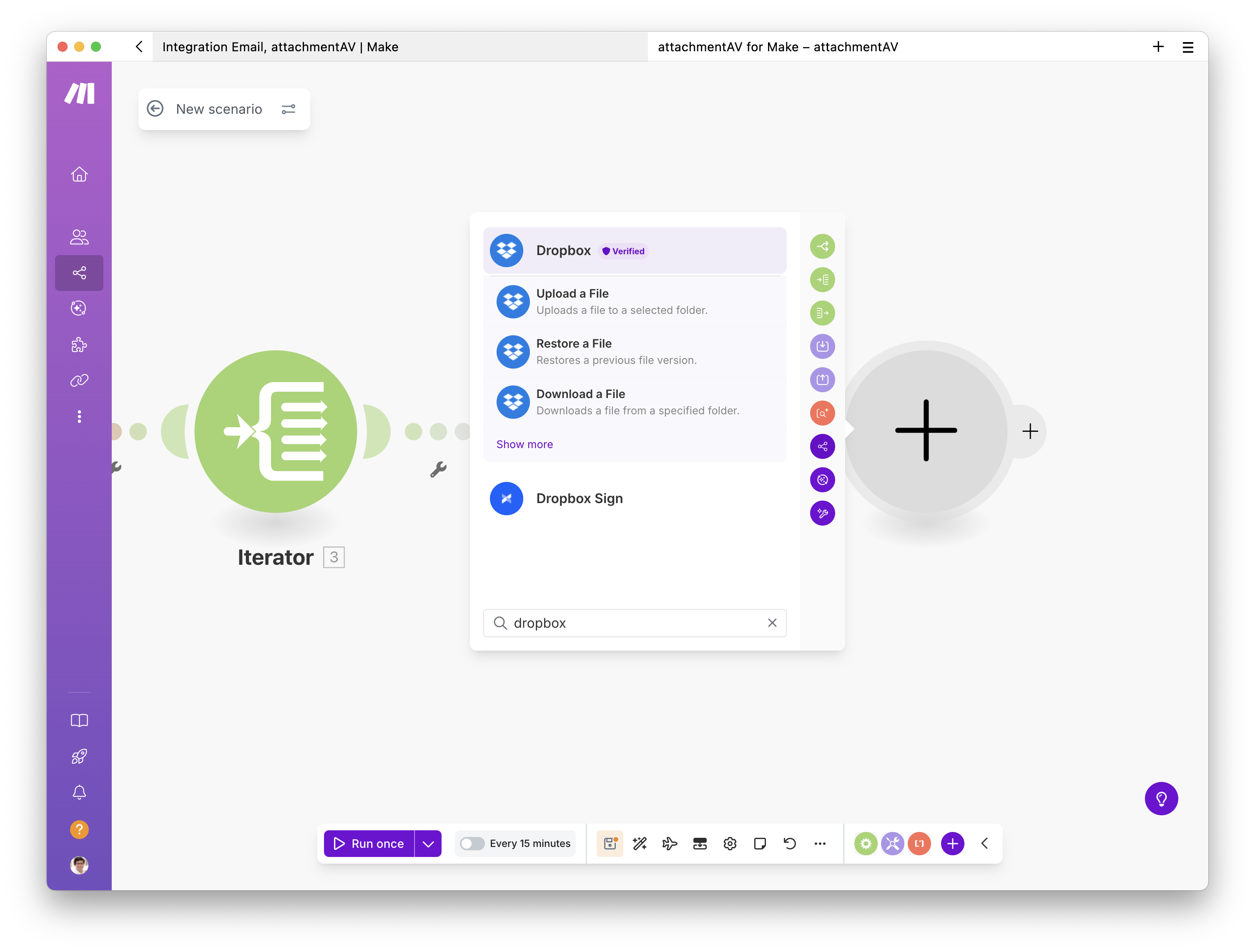 Creating a scenario to upload email attachments to Dropbox after a virus and malware scan - Step 16