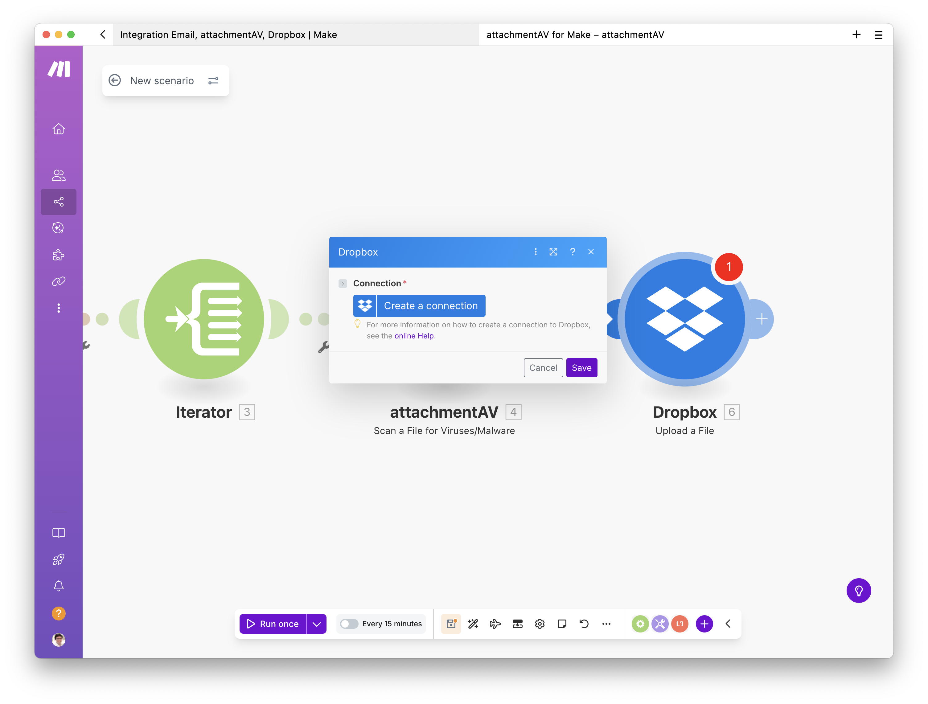 Creating a scenario to upload email attachments to Dropbox after a virus and malware scan - Step 17