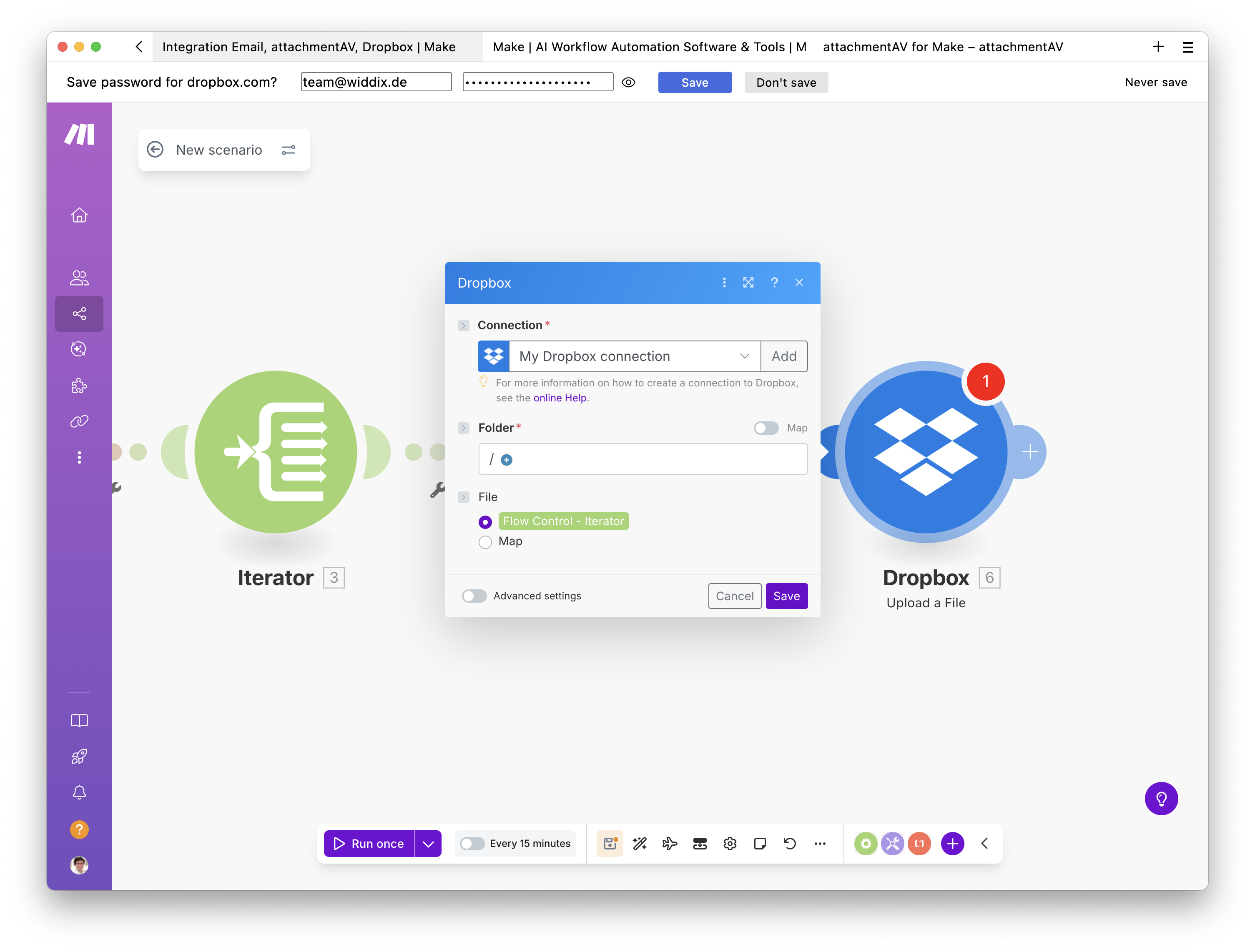 Creating a scenario to upload email attachments to Dropbox after a virus and malware scan - Step 18