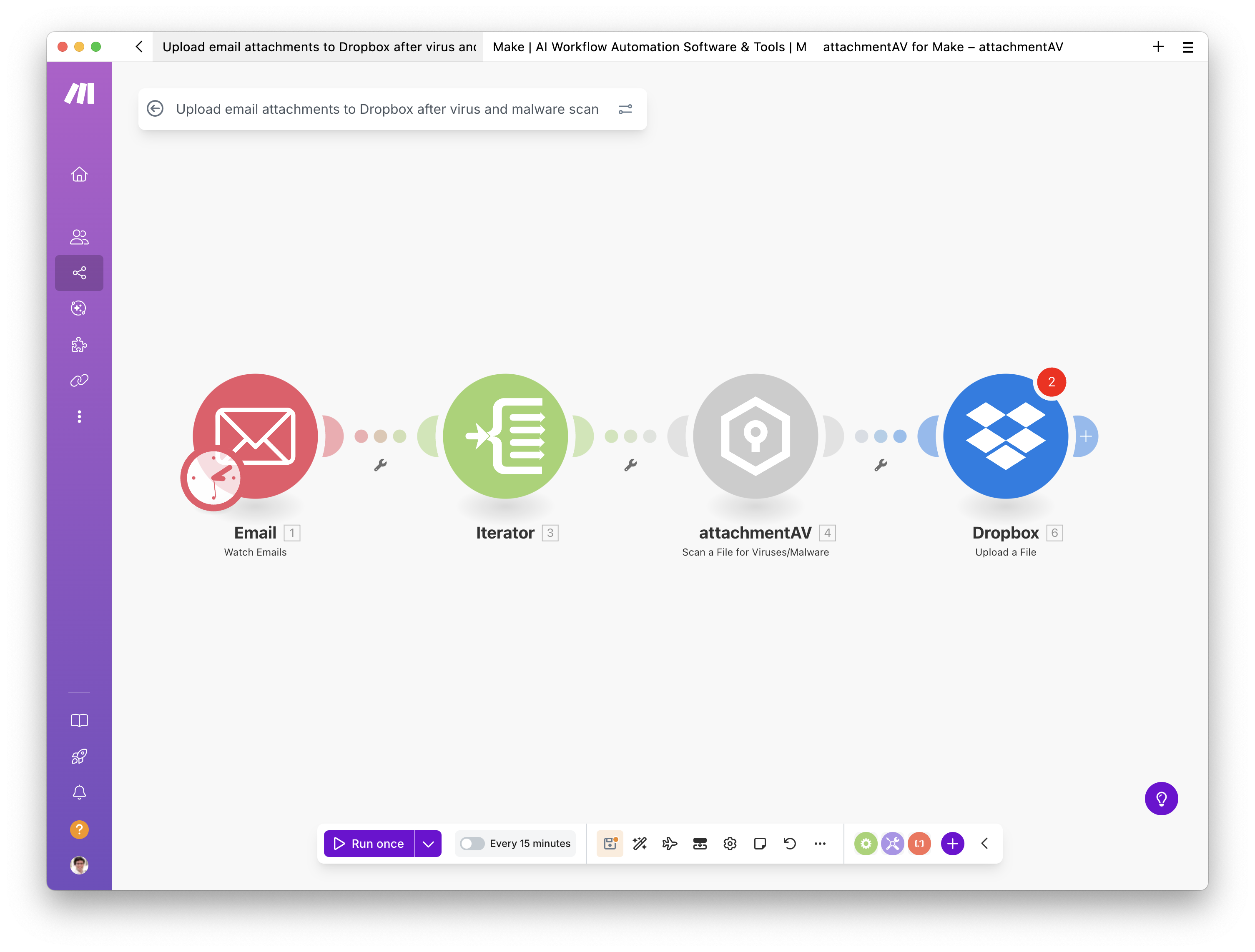 Creating a scenario to upload email attachments to Dropbox after a virus and malware scan - Step 19