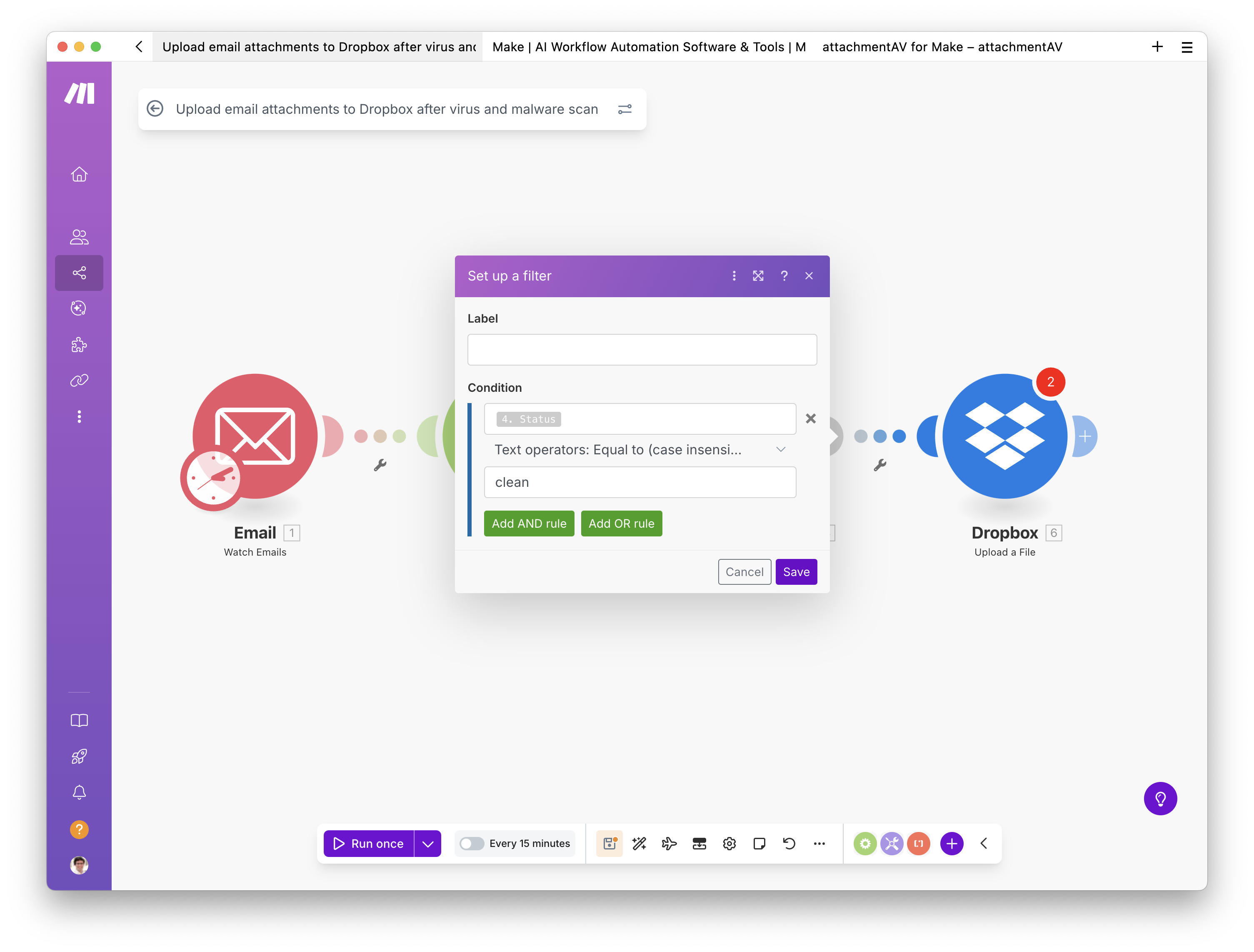 Creating a scenario to upload email attachments to Dropbox after a virus and malware scan - Step 20