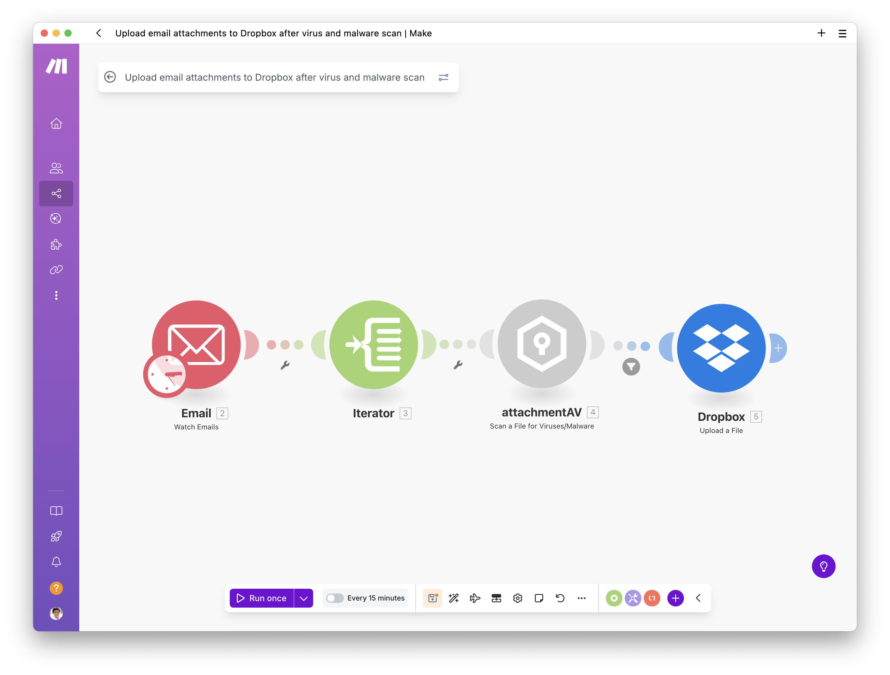 Creating a scenario to upload email attachments to Dropbox after a virus and malware scan - Step 21