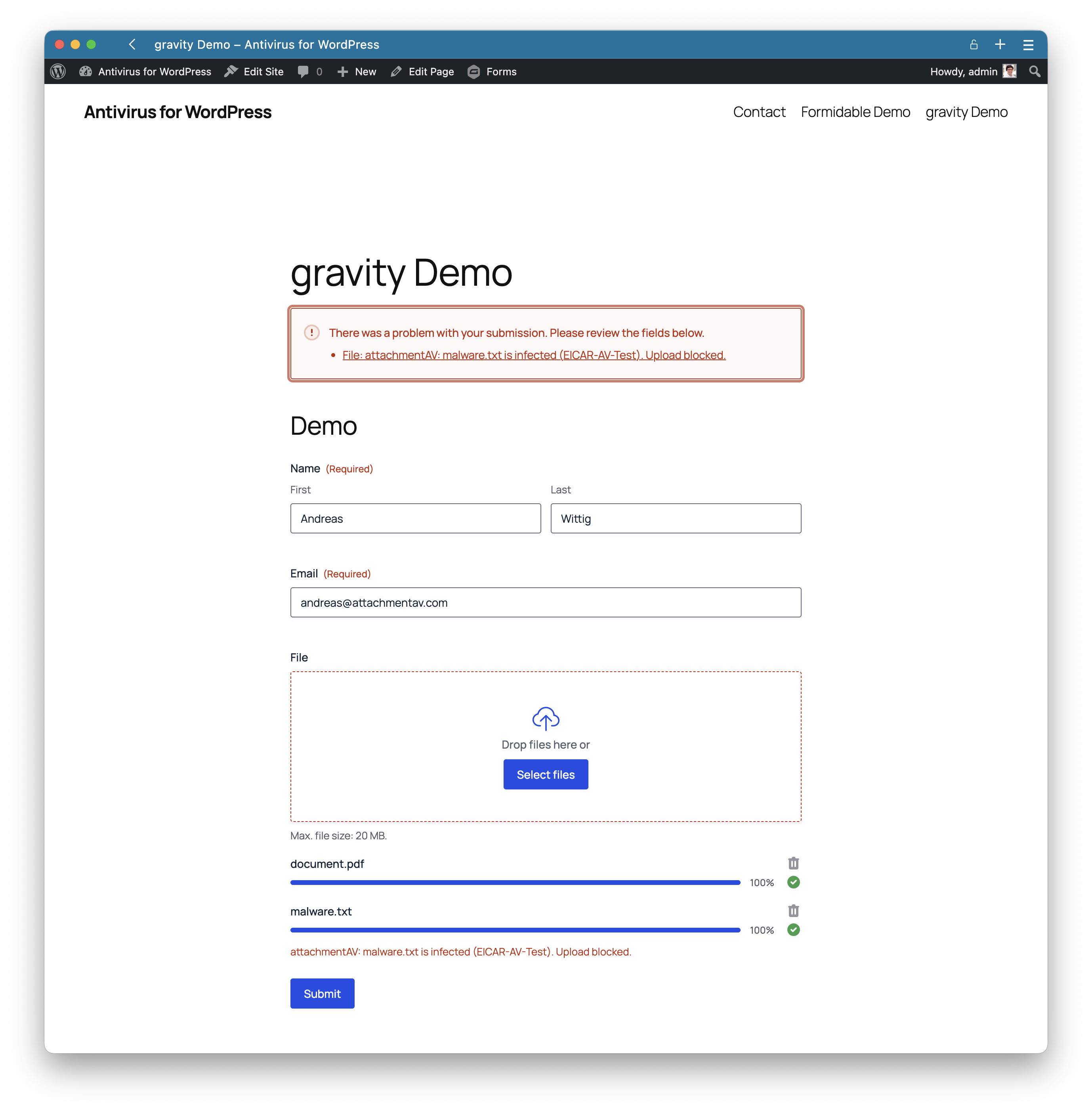 attachmentAV blocks infected files from being uploaded