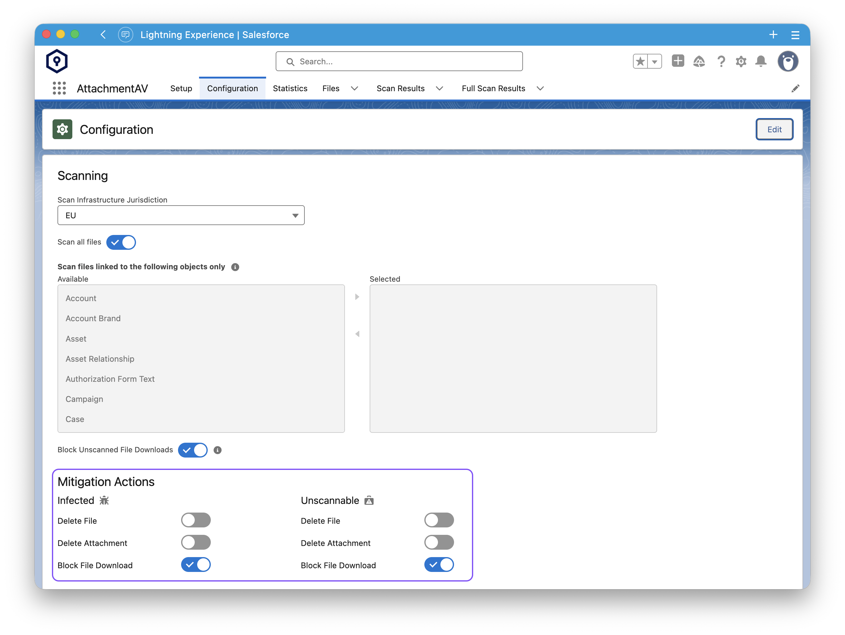 Configure the mitigation actions to delete or block access to infected or unscannable files